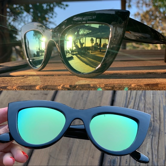 Cat Eye Pink and Green Mirroed Lenses Sunglasses - Picture 1 of 8